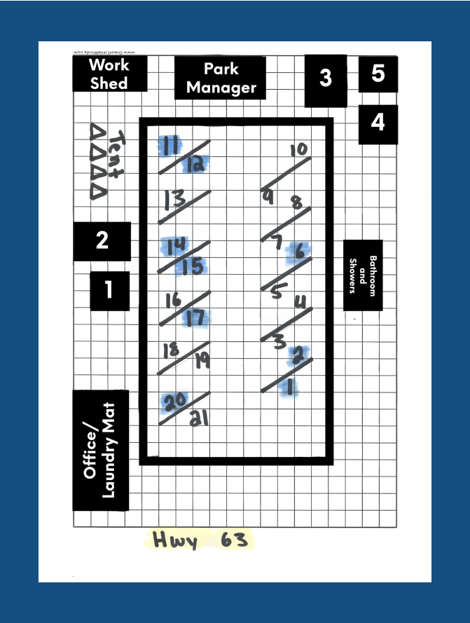 A Park map of Big Cedar Cabins and RV Park showing rv sites and cabin locations.